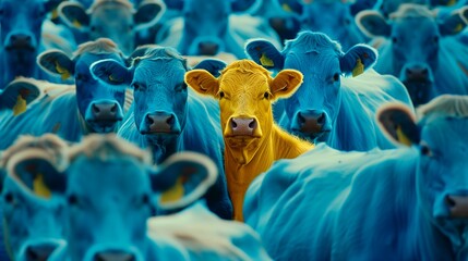 cows standing large brand agency blue yellow theme unique nonconventional beauty focus fearful model head conservative advert car paint vivid color camouflage main influencer dog - obrazy, fototapety, plakaty