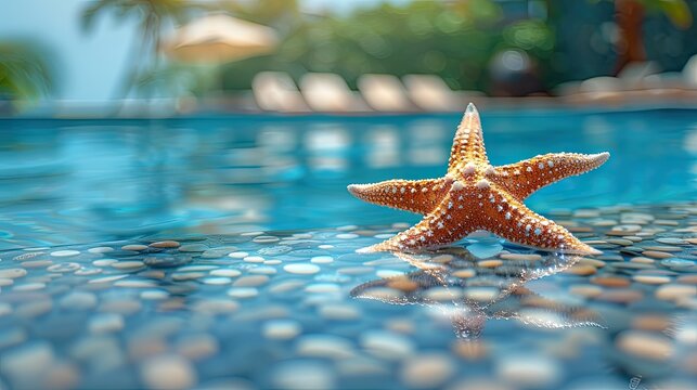 A starfish lounging next to the sparkling swimming pool awaits your text to complete the picturesque scene making it ideal for eye catching cover art