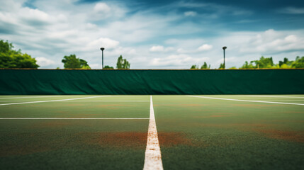 Bright Summer Day at an Empty Tennis Court with Lush Trees - obrazy, fototapety, plakaty