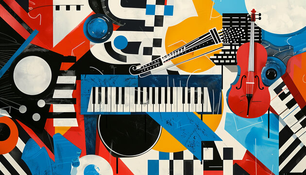 A colorful abstract painting with a red violin and a keyboard