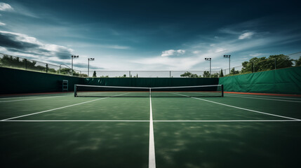 Lone Tennis Court in a Quiet Outdoor Area with Dramatic Skies - obrazy, fototapety, plakaty