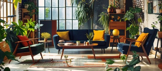 A genuine photograph of a lively living room interior featuring retro armchairs with a wooden frame, colorful pillows, and a navy blue sofa adorned with green plants. - obrazy, fototapety, plakaty