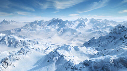 Fototapeta na wymiar Breathtaking Winter Panoramic View: Majestic Snow-Covered Peaks of Pyrenees Mountains under Pristine Blue Sky