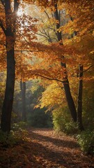 Sunlight streams through vibrant leaves of tall trees, casting warm glow on winding forest path. Path covered in fallen leaves, creating carpet of red, orange,.