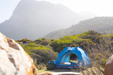 Naklejka premium A blue tent sits among bushes with mountains in background, copy space