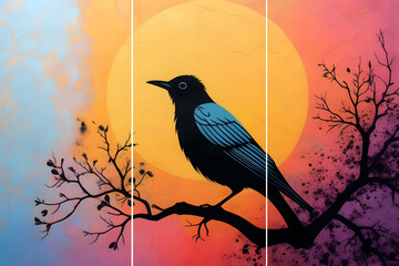 Home panel wall art three panels, bird on root silhouette on colorful marble background - obrazy, fototapety, plakaty