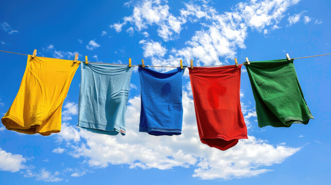 colorful different pieces of clothing hanging from a clothesline in blue sky