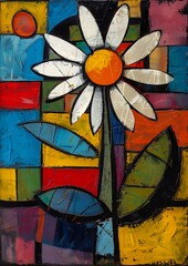 flower yellow center background large shapes paint glass simplified daisy tall thin frame values flat praise sun partly sunny