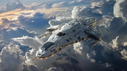 spaceship flying sky clouds sun behind strong lightning side view taking steps scimitar hovering rogue pathfinder
