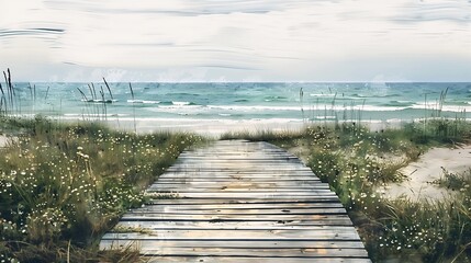 wooden path leading beach view ocean highly nordic summer unwind imagining blissful fate bordello relaxing florida - obrazy, fototapety, plakaty