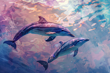 Naklejka premium Two dolphins swimming in the ocean