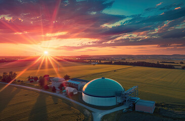 Contemporary biogas plant surrounded by farmland in the countryside under a colorful sunset sky