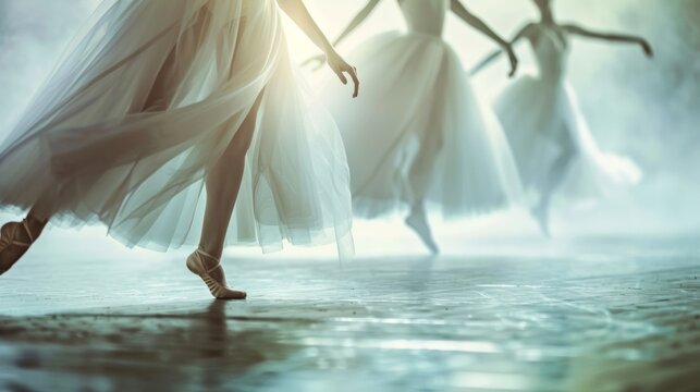The soft and hazy background of a ballet performance capturing the fluidity and beauty of the dancers movements as they glide across the stage. .