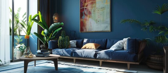 Living room with a cyan color scheme featuring a navy sofa and wooden decor.