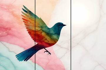 Home panel wall art three panels, colorful marble background with bird silhouette for wall decoration 