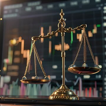 A golden scale of justice sits in front of a glowing stock market chart.
