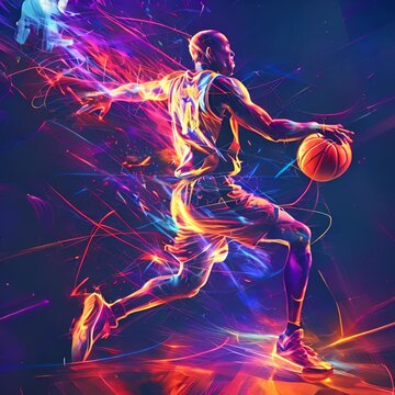 Lebron James in motion, depicted with bright neon colors