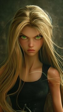blond haired girl green eyes long hair posing angry face brunet intimidating glare depicted pissed off personify close defiant