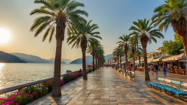 Sunny palm lined promenade by the sea