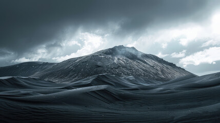 Silken black dunes unfolding beneath the gaze of mountains and moody skies