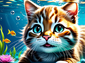 Obraz premium Cute little cat swims underwater. AI generated. 