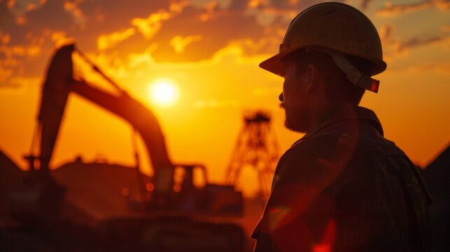 A miners silhouette against a sunset horizon representing the unsung heroes behind the bustling machinery and bustling factories of a booming industry. .