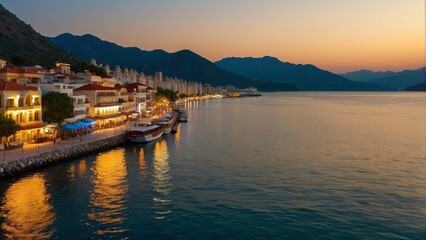 Fototapeta premium Tranquil seaside town at sunset with boats