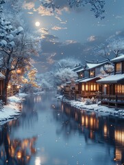 Fototapeta premium Winter cityscape with snowcovered buildings by a river, reflecting the sky