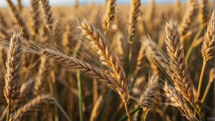 Fototapeta premium Close up of wheat stalks in sunlight