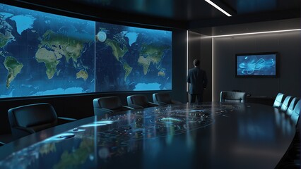 A dark room with a large curved screen showing a world map, a conference table, and a person standing.