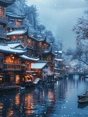 Winter cityscape with snowcovered buildings by a river, reflecting the sky