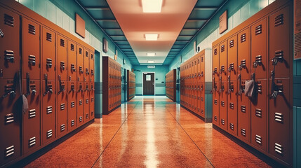 hallway lined with orange lockers, reflecting a clean, polished floor - obrazy, fototapety, plakaty