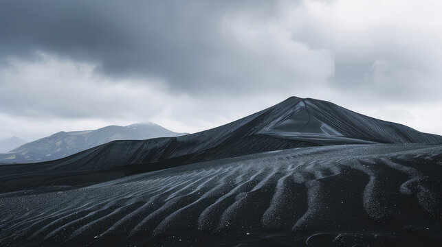 Dramatic black sand dunes rising against a backdrop of mountain silhouettes and cloudy skies