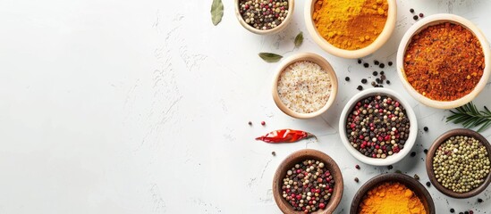 Different spices in bowls on a white backdrop. Overhead view with room for text.