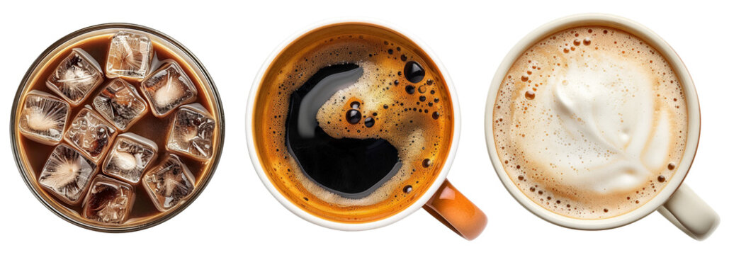 Top view, set of cups of different coffee isolated on transparent background