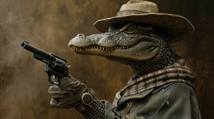Foto auf Acrylglas crocodile in a stylish hat brandishes a firearm confidently, Ai Generated © Crazy Juke
