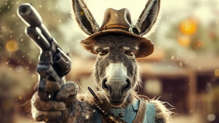 donkey in a stylish hat brandishes a firearm confidently, Ai Generated