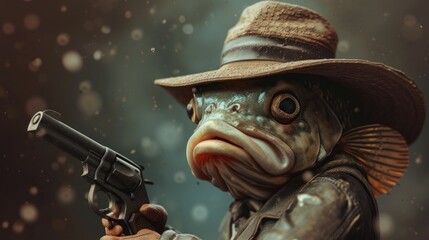 fish in a stylish hat brandishes a firearm confidently, Ai Generated - obrazy, fototapety, plakaty