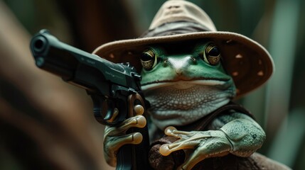 frog in a stylish hat brandishes a firearm confidently, Ai Generated - obrazy, fototapety, plakaty