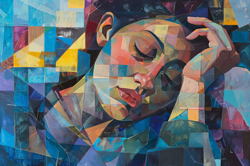 A woman's face is painted in a collage style, with a blue background