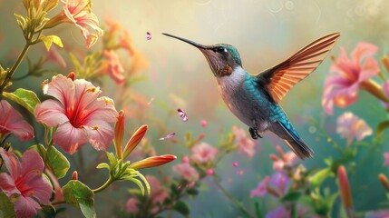 Naklejka premium Graceful hummingbird dances amid spring blooms, a vibrant display of nature's beauty. Ai Generated.