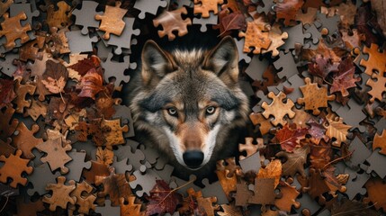 Top view of a cute wolf concentrating on a jigsaw puzzle, Ai Generated.