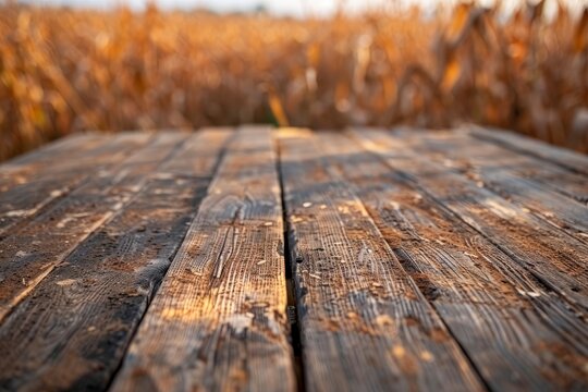 The empty wooden brown table top with blur background of corn field. Exuberant image - generative ai