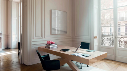 Serene minimalist home office with ergonomic furniture in a chic Paris apartment, enhanced by soft pastel tones and bright morning light.