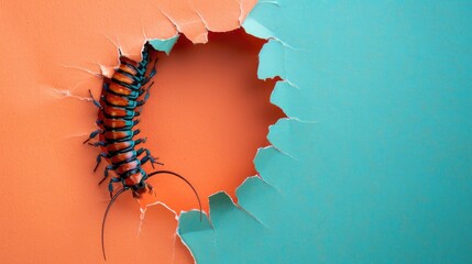 A humorous centipede peers through a ripped hole in a contrast pastel color paper background, Ai...