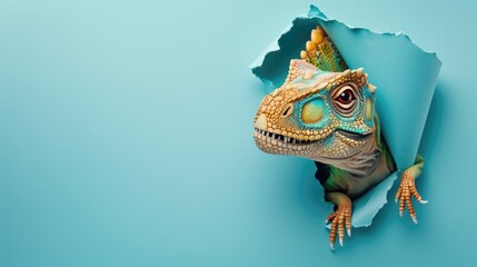 A humorous dinosaur peers through a ripped hole in a contrast pastel color paper background, Ai...