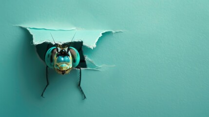 A humorous dragonfly peers through a ripped hole in a contrast pastel color paper background, Ai...