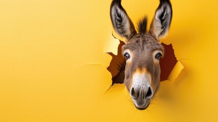 A humorous donkey peers through a ripped hole in a contrast pastel color paper background, Ai...