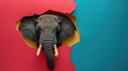 A humorous elephant peers through a ripped hole in a contrast pastel color paper background, Ai...