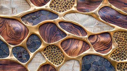 Elevate your space with a 3D wallpaper mimicking a luxurious wood and gold mosaic decor. Ai Generated.